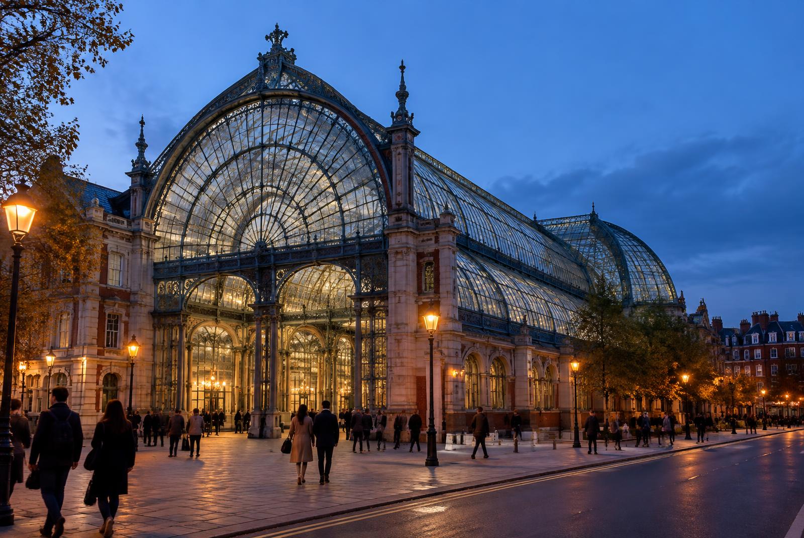A grand Victorian exhibition hall at dusk in West London